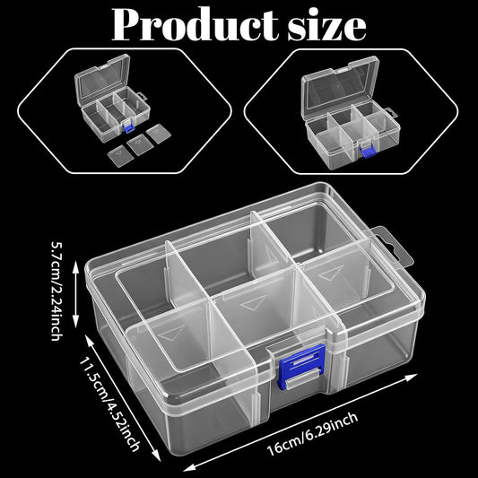 Plastic Jewelry Organizer Box, 6 Grids 6.29 Inch X 4.52 Inch Clear Organizer Box, Adjustable Grids Storage Container for Earrings, Beads, Crafts, Tools, Small Items
