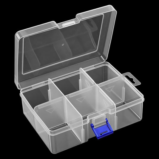 Plastic Jewelry Organizer Box, 6 Grids 6.29 Inch X 4.52 Inch Clear Organizer Box, Adjustable Grids Storage Container for Earrings, Beads, Crafts, Tools, Small Items