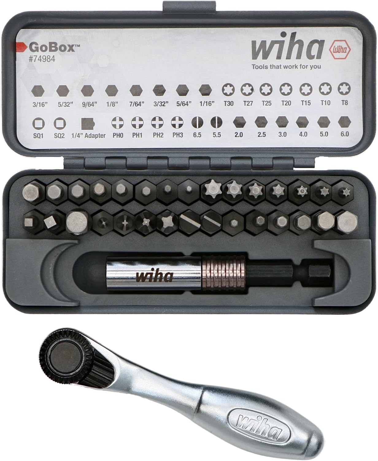 Wiha 74984 32 Piece Gobox Standard Bit Set with Mini Ratchet