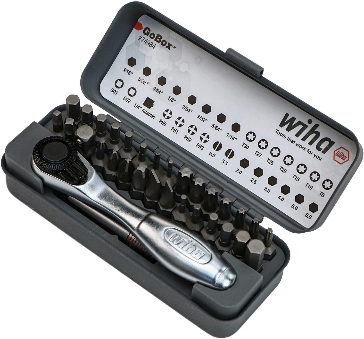 Wiha 74984 32 Piece Gobox Standard Bit Set with Mini Ratchet