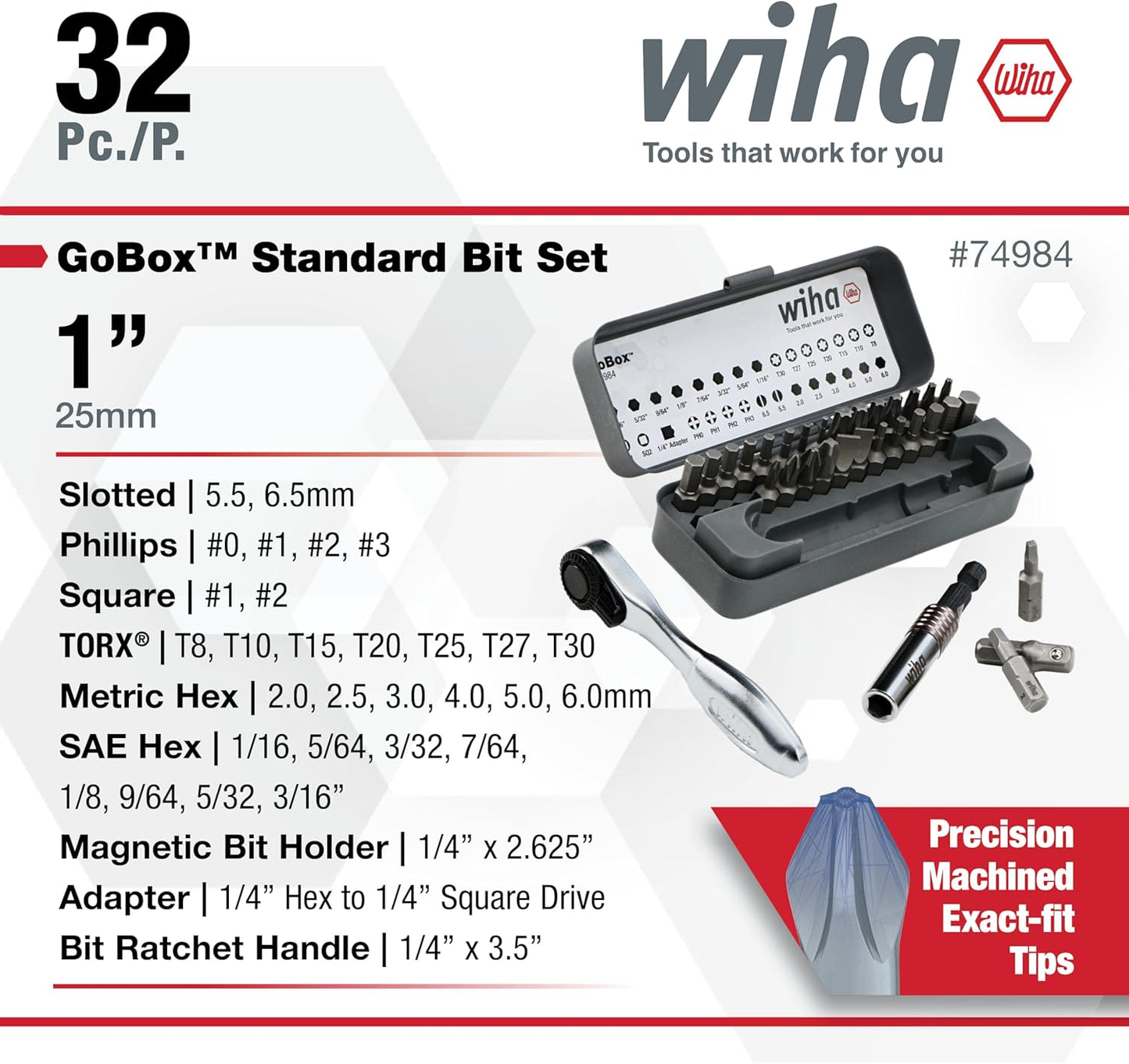 Wiha 74984 32 Piece Gobox Standard Bit Set with Mini Ratchet