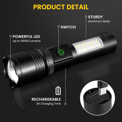 Rechargeable Flashlight High Lumens,8000Lm Super Bright Flash Light with 6 Modes& Adjustable Focus, Adjustable Powerful Handheld LED Flashlight for Home Camping,Torch, Handheld Torches