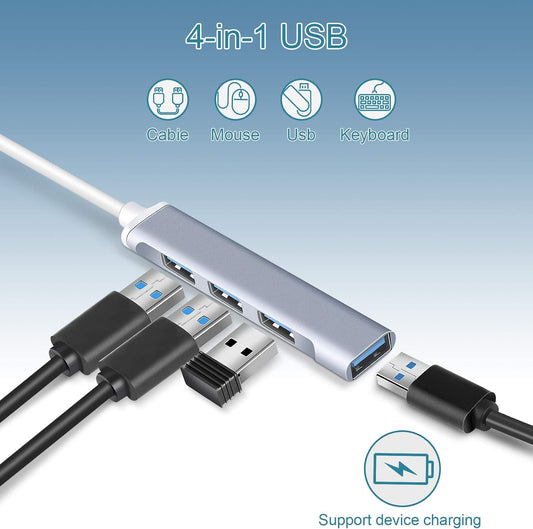 4-Port USB Hub Port Splitter: USB Port Expander - USB 3.0 Hub USB Dongle Multiport for Office Laptop PC Dell HP - Aluminum Alloy