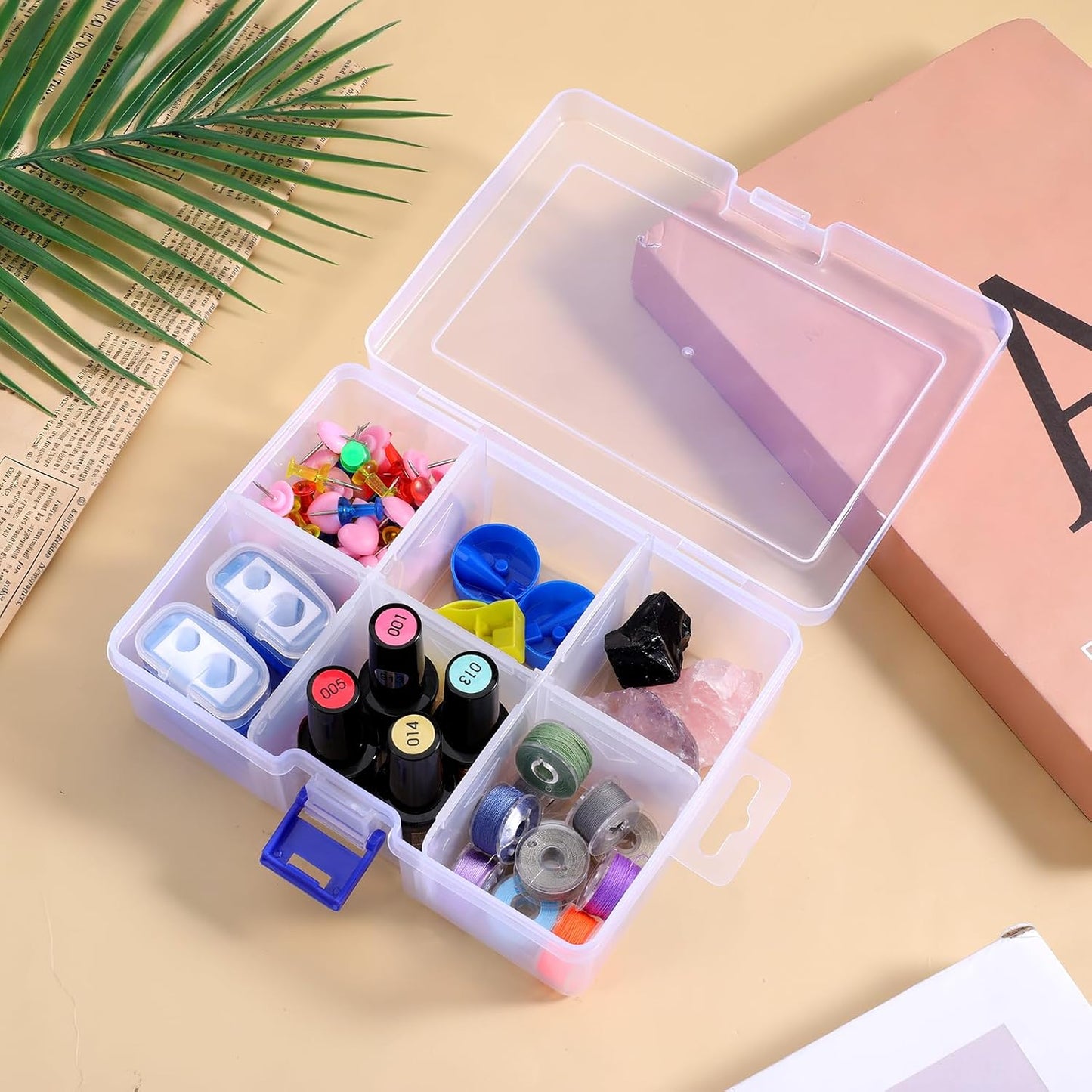 Plastic Jewelry Organizer Box, 6 Grids 6.29 Inch X 4.52 Inch Clear Organizer Box, Adjustable Grids Storage Container for Earrings, Beads, Crafts, Tools, Small Items